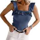 Womens Cute Sleeveless Tank Tops Ruffle Strap Square Neck Blouse Solid Color Knitted Camisole, (Small)