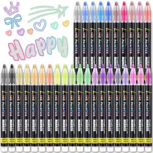30 Colors Outline Marker Pen, 30 Pcs Double Line Metallic Marker Pens Set Paint Markers Pens Gift Card Writing Drawing Pens for Card Writing,Birthday Greet Card,Scrapbooking,Painting,DIY Art Crafts.