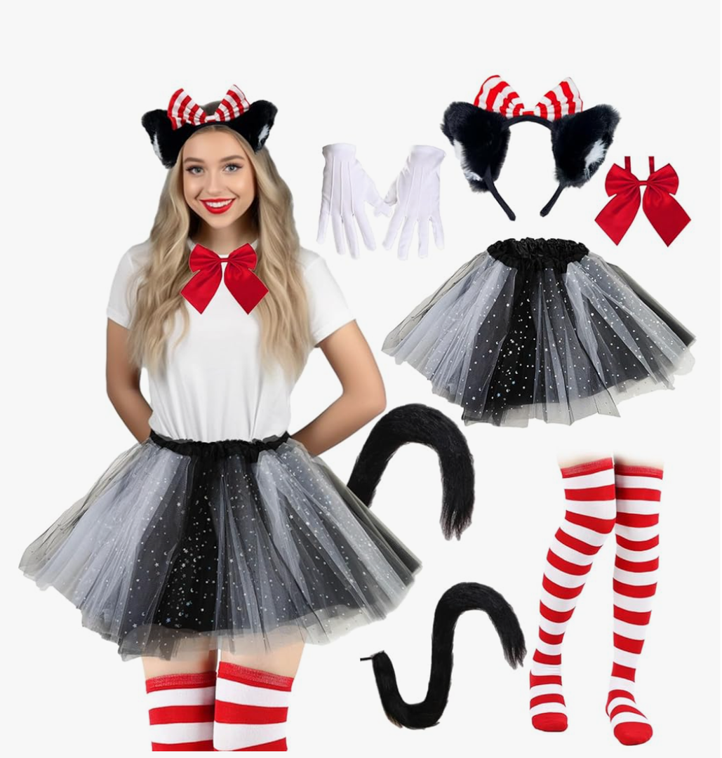 Womens Cat Costume Set, Red White Striped Furry Ear Headband & Tutu Halloween Spirit Day Cosplay Outfits Accessories (Red Striped)