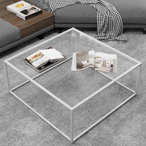 Glass Coffee Table Square Coffee Table for Small Space, Modern Minimalist Center Table for Living Room Home Office,Tempered Glass-top with Sturdy Metal Frame, Easy Assembly, 27 x 27In, White