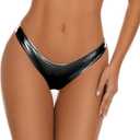 Kepblom Women's Rave Bottoms - Metallic Bikini Bottoms Shiny Low Rise High Cut Cheeky for Festival Clubwear Dance Party (Black, XS)