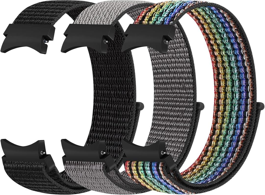 Nylon Bands Compatible with Samsung Galaxy Watch 7/6/5/4/FE 40mm 44mm/Galaxy Watch 5 Pro/Galaxy Watch 6/4 Classic 43mm 47mm 42mm 46mm for Women Men (DeepBlack+BlackRainbow+Iron Gray)