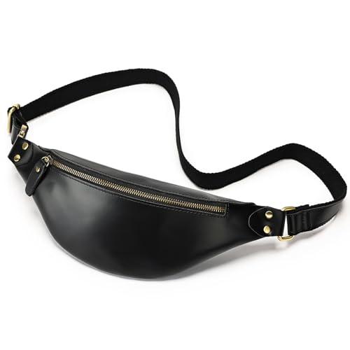 Vintage Genuine Leather Fanny Pack Small Waist Bag Travel Sling Pouch with Adjustable Leather Belt Black