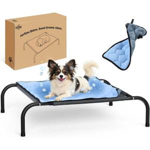 SZEE Raised Dog Bed with Detachable 2-Sided Cooling/Warming Waterproof Mat, Elevated Dog Cot Bed for Small Sized Breeds with Durable Steel Frame & Sturdy Teslin Mesh, Outdoor & Indoor All-Season Use
