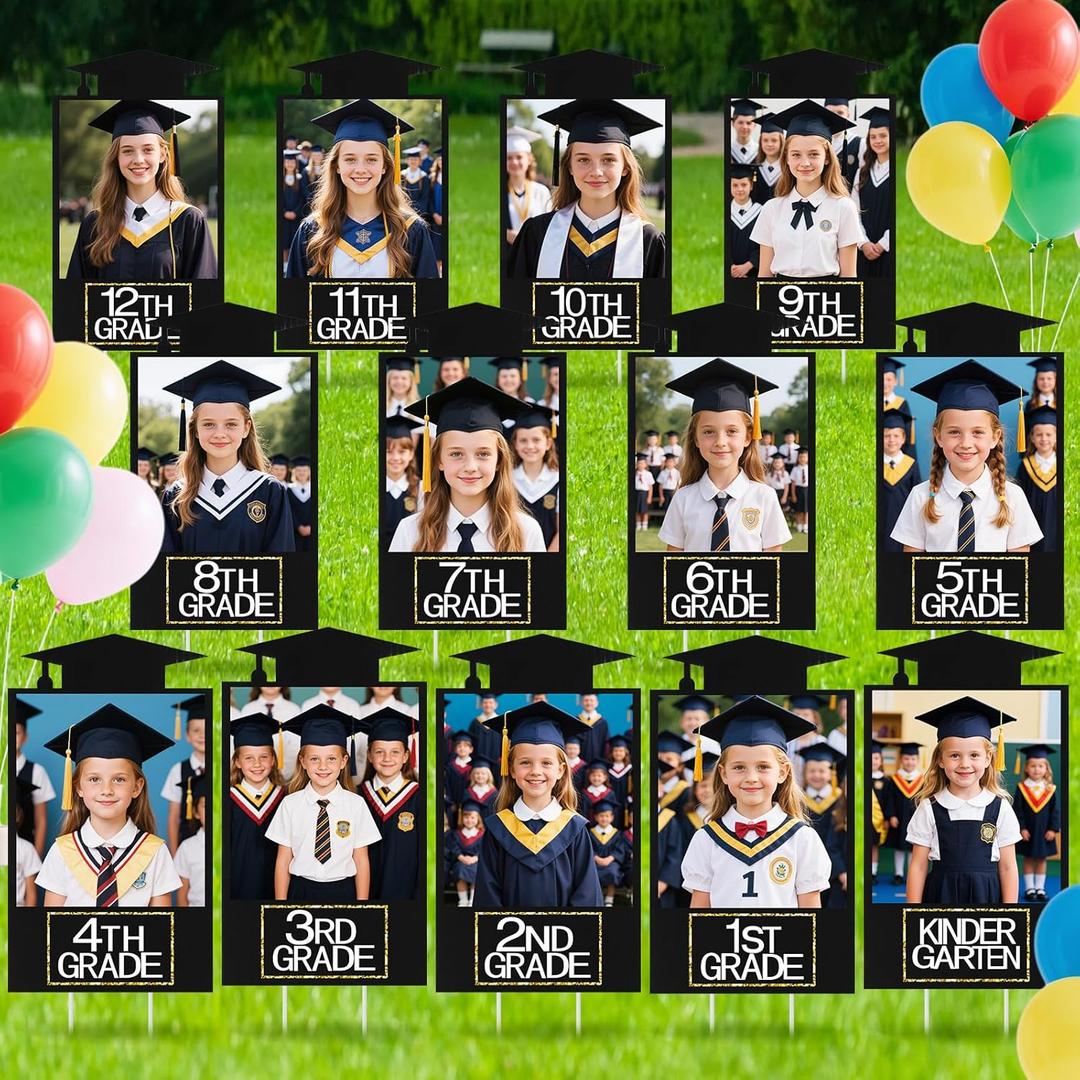 13 Pcs DIY Graduation Yard Sign 2026 Including Kindergarten to 12th Grade Picture Photo Personalized Display 2026 Graduation Party Decorations Supplies for Outdoor Lawn Yard(Black)