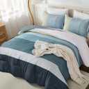 WONGS BEDDING Comforter Set Queen Size, Blue Striped Patchwork Comforter for Queen Bed,3 Pieces (1 Comforter+2 Pillowcases) Soft Microfiber Bedding Set for All Season (90"x90")