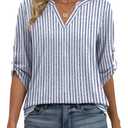 XIEERDUO 3/4 Length Sleeve Womens Tops V Neck T Shirts Both Side Buttons Blouses Business Casual Outfits Loose Fit (Blue, M)