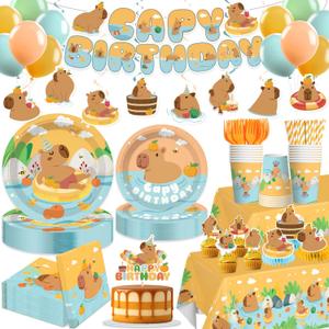 213 PCS Capybara Birthday Decorations for 25 Guests, Disposable Tableware Set with Banner, Cake Topper, Balloons, Plates and Napkins -Easy Assembly for Capybara Party
