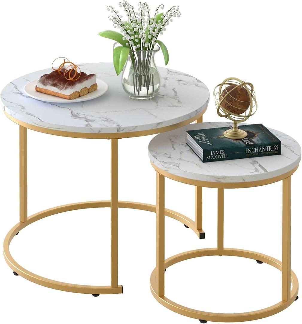 Aboxoo Coffee Table Nesting White Set of 2 Side Set Golden Frame Circular Round and Marble Pattern Wooden Tables, Living Room Bedroom Apartment Modern Industrial Simple Nightstand