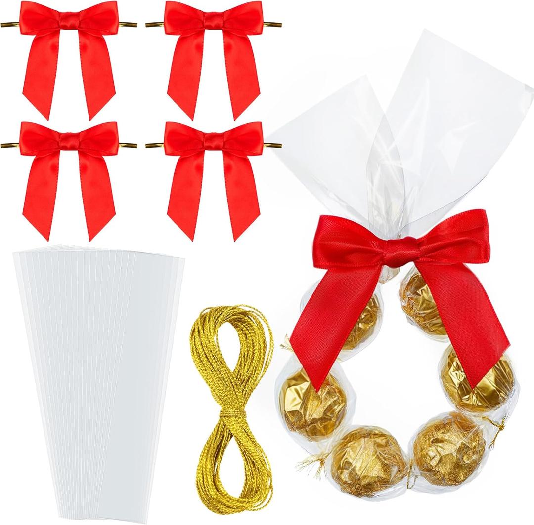 3 x Yexiya 50 Sets Valentines Wreath Candy Bags with Ribbon Bow Twist Ties and Long Clear Treat Bags for Party Favor Easter Wedding DIY Candy Wrapping Gifts Chocolate Bag(Red,2.4 x 21.7 Inch)