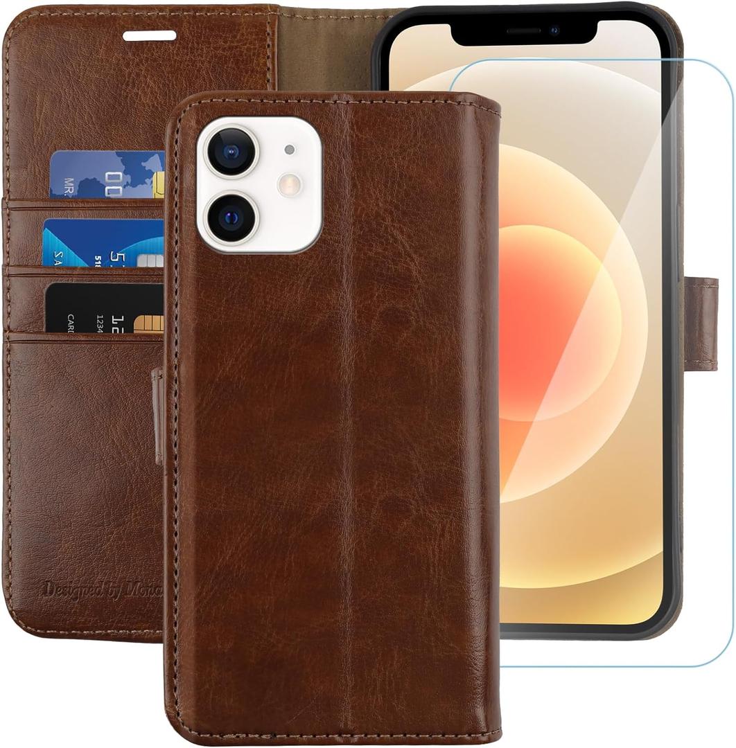 MONASAY Wallet Case Compatible for iPhone 12 mini 5G 5.4-inch,[Glass Screen Protector Included] [RFID Blocking] Flip Folio Leather Cell Phone Cover with Credit Card Holder, Brown