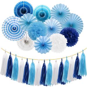 Blue Party Decorations Hanging Paper Fans Pom Poms Flowers Tissue Tassel Garland for Elephant Shark Theme Kids Birthday Baby Shower Graduation