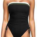 Yonique Women Strapless One Piece Swimsuit Tummy Control Bandeau Bathing Suit Cheeky Swimwear (Large, Black Color Block)