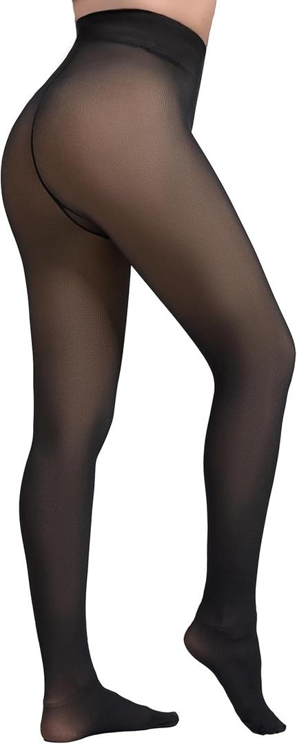 2025 One-Seam Fleece Lined Tights More Warmth Fake Translucent Pantyhose High Waist Thermal Legging Women (Medium)