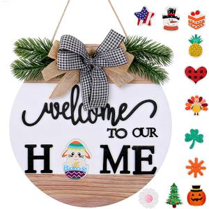 Welcome Door Sign, Easter Welcome Sign Front Door Decoration, 4 Season Interchangeable Wreath with 12 Pcs Decorative Accessories, 11.6" x 11.6" Houswarming Gift