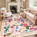 RELEANY Floral Nursery 6x9 Area Rugs Machine Washable Soft Print Boho Carpet Non Slip Flower Doormat Low Pile for Living Room Kids Girls Room Bedroom Kitchen Dining Room IndoorPink