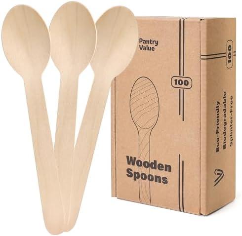 Pantry Value [100 Count] Wooden Spoons Disposable, Splinter-free Biodegradable Spoons, Eco-friendly, Compostable Utensils for Outdoors, Parties, and events