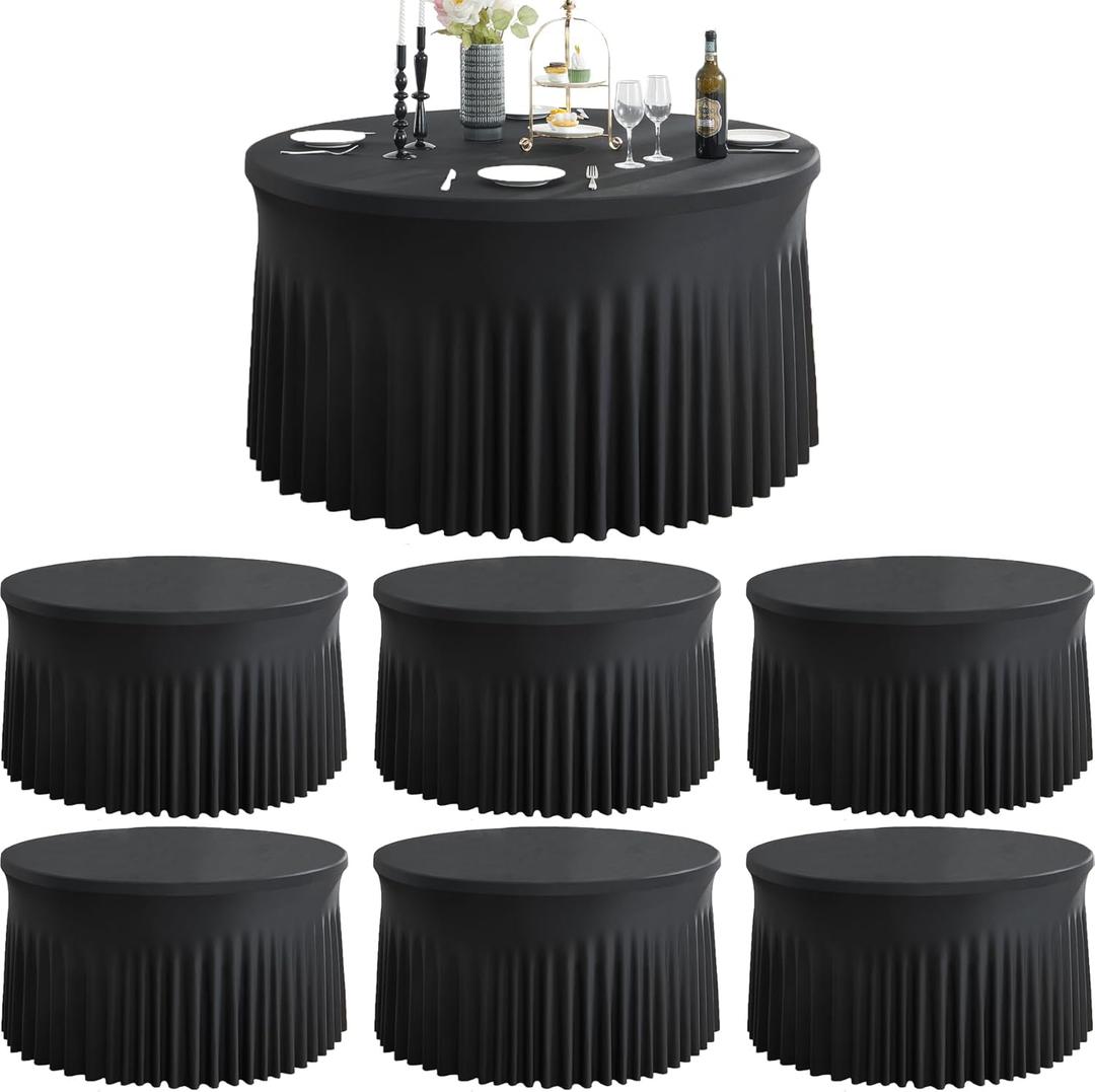 6 Pack Black Round Spandex Tablecloth for 60 inch Table, Wrinkle Free Stretchy 120inch Fitted 5FT Round Table Cloths Cover with Skirt for Wedding Birthday Party Dining Banquet Events