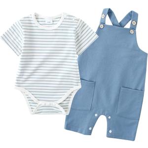 YALLET Baby Boy Clothes Infant Boy Summer Outfits  Romper+Bib Suspender Shorts Bodysuit Overalls Set (Light Blue), Size: 0-3 Months