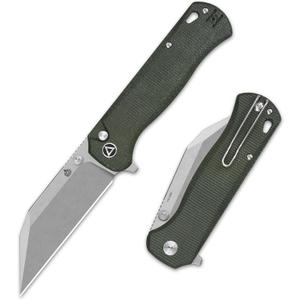 QSP Swordfish Folding Pocket Knife, 3.63" Sandvik 14C28N Stonewash EDC Knife, Green Micarta Handle, Button Lock, Ceramic Ball Bearings, Reversible Wire Deep Carry Clip