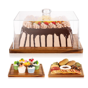 Square Cake Stand with Lid，11in Acacia Wood Cake Stand with Dome ，Dessert Display Stand with Acrylic Cover for Cheese Pie, Chips & Dips ，Serving Platter with Cover for Kitchen/Party/Wedding/Birthday