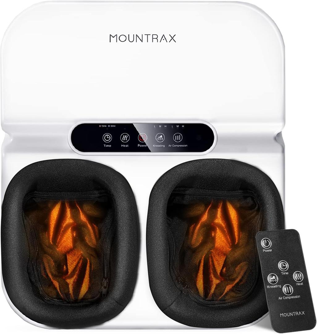 MOUNTRAX Foot Massager Machine with Heat, Foot Massager for Plantar Fasciitis, Neuropathy Pain, Shiatsu Foot Massager with Remote, Fits Feet Up to Men Size 13 (White)