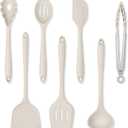 Herogo Silicone Cooking Utensils Set, 7-Piece Kitchen Utensils Set, Heat Resistant Cooking Gadget Tools Slotted Turner, Spoon, Soup Ladle, Pasta Server, Spatula, Tongs for Nonstick Cookware, Khaki