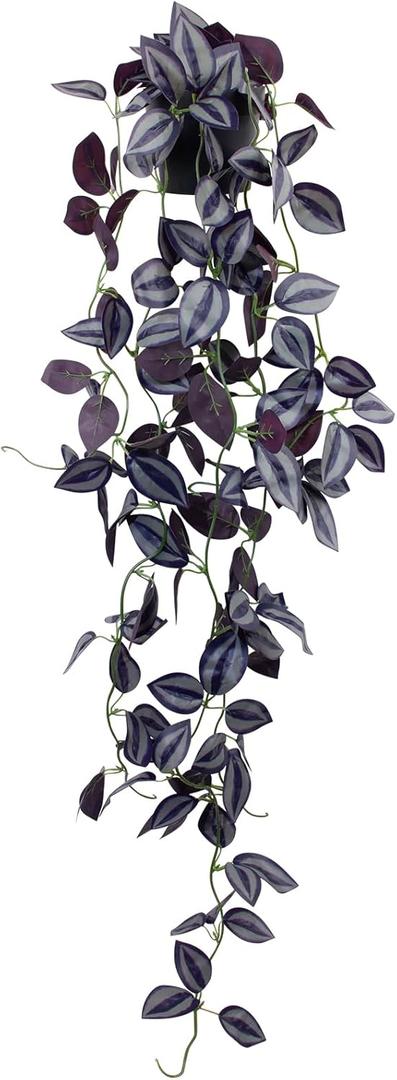 LOYWREE Small Fake Hanging Purple Eyebrow Leaf Plant Artificial Potted Plants Indoor 39-in Long Faux Dark Black Vine Plant with Pot for Shelf Home Office and Outdoor Garden Decor (Black Pot) (1Pack)