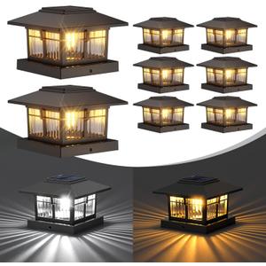 4x4 Solar Post Cap Lights, 8 Pack Fence Deck Post Lights Outdoor Solar Powered Waterproof with Two Light Modes Warm&Cool White for Garden Patio Decor.(Classic Black, 8)
