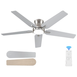 POCHFAN 52 Inch Ceiling Fans with Lights and Remote, Brushed Nickel Flush Mount Low Profile Ceiling Fan for Bedroom, Living Room, Patio, Dimmable 6 Speeds Noiseless, ETL Listed