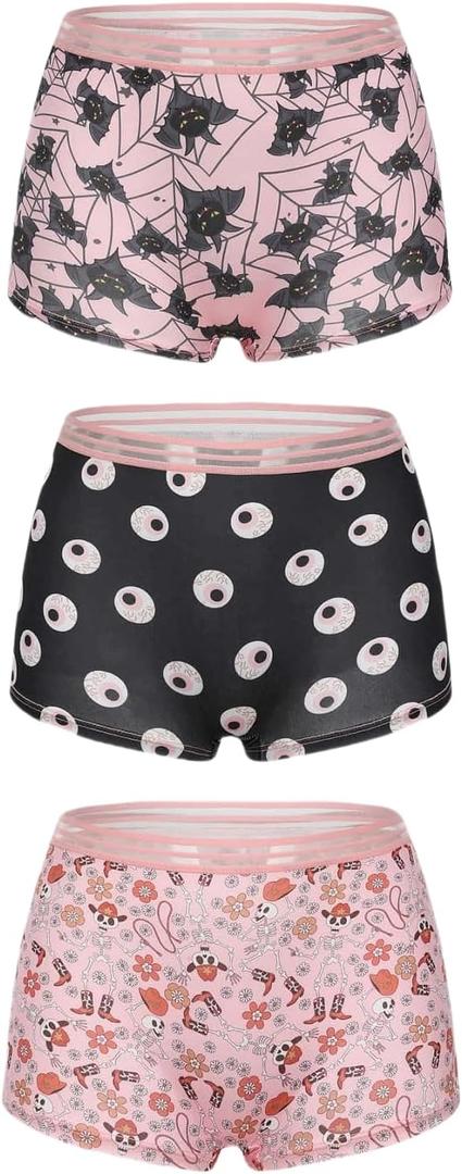 Morvia 3pcs Women Gothic Halloween Skulls Print Contrast Binding Boyshorts Underwear Elastic Waist Intimates Panties (Pink, S)