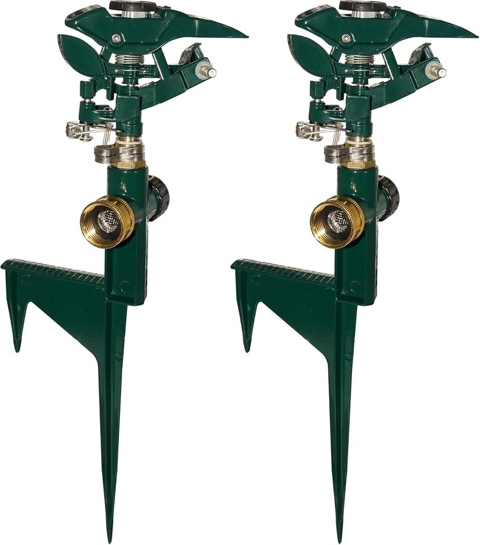 Hourleey 2 Pack Impact Sprinkler for Yard, Adjustable 360 Degree Zinc Alloy Sprinkler Head on Metal Step Spike, Heavy Duty Pulsating Water Sprinklers for Large Area Lawn Garden Irrigation
