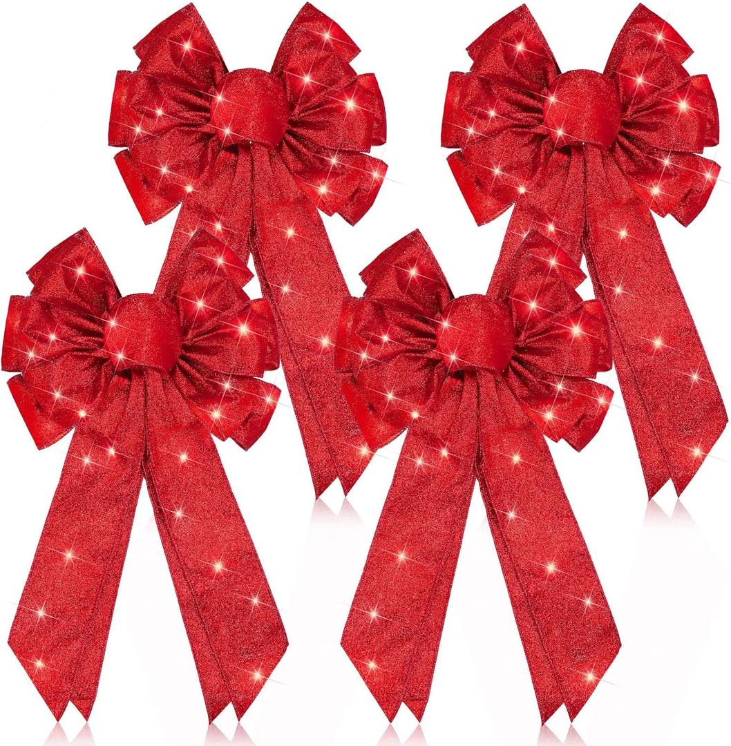 Giegxin 4 Pcs Red Christmas Tree Topper Bow Christmas Ribbon Wreath Bow Lighted LED Door Wall Decor for Indoor Outdoor Winter Xmas Decoration, 18 x 10 Inch