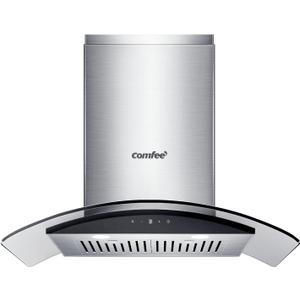 COMFEE' Curved Glass Range Hood 30 Inch 450 CFM 3 Speed Gesture Sensing &Touch Control Panel Stainless Steel kitchen Ductless/Ducted Convertible with Baffle Filters and 2 LED Lights (CVG30W9AST)