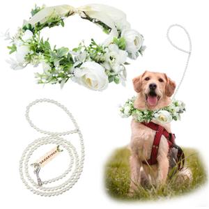 Dog Flower Collar, Dog Wedding Collar and Pearls Leash Set Adjustable Wreath Wedding Outfit Flower Collar Pet Photo Prop (Medium) (White)