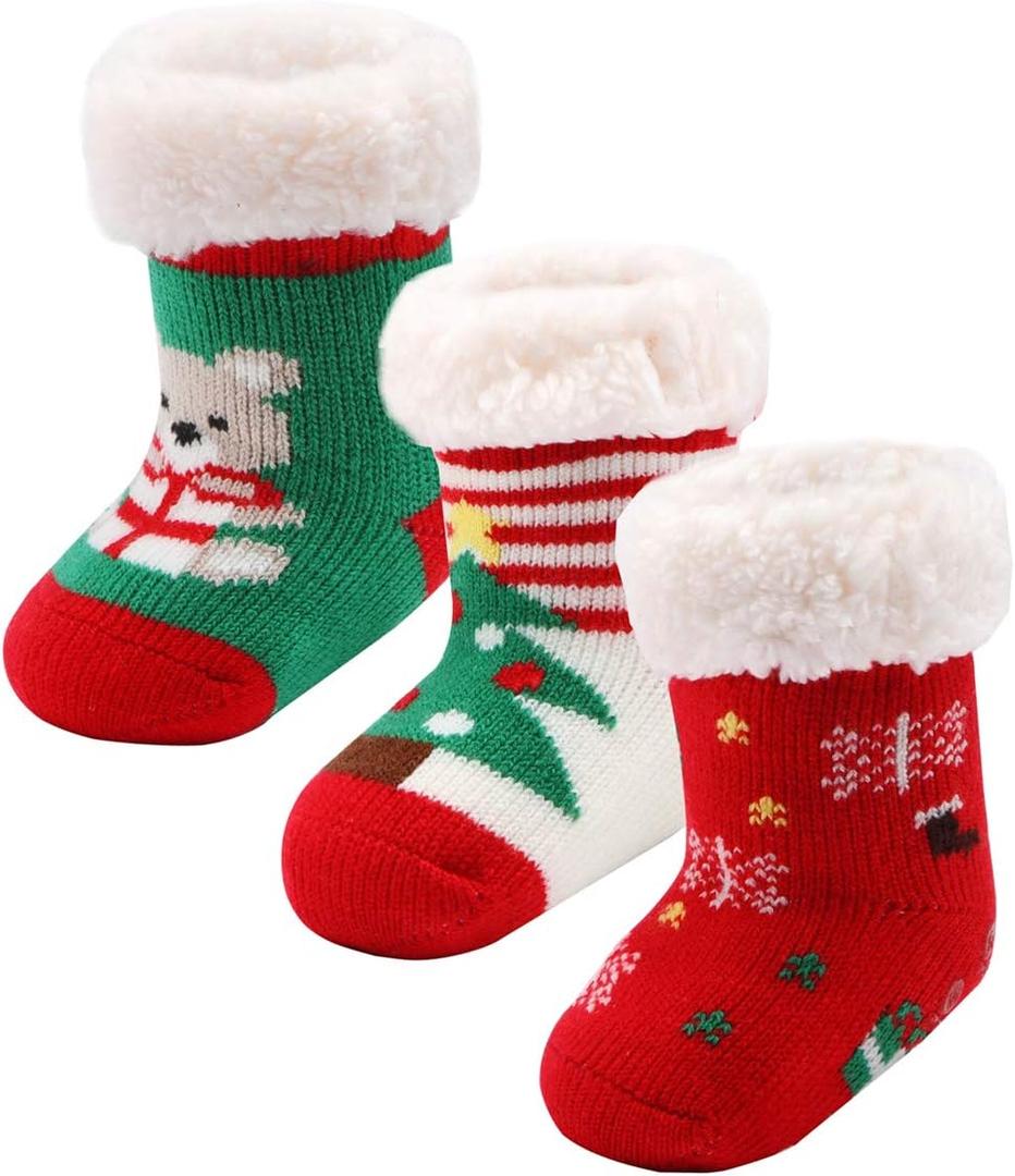 3 Pairs Toddler Girl Boy Sherpa-lined Fuzzy Socks Anti Skid with Grips, Baby Girl Boy Christmas Socks Kids Slipper Socks (12-24 Months)