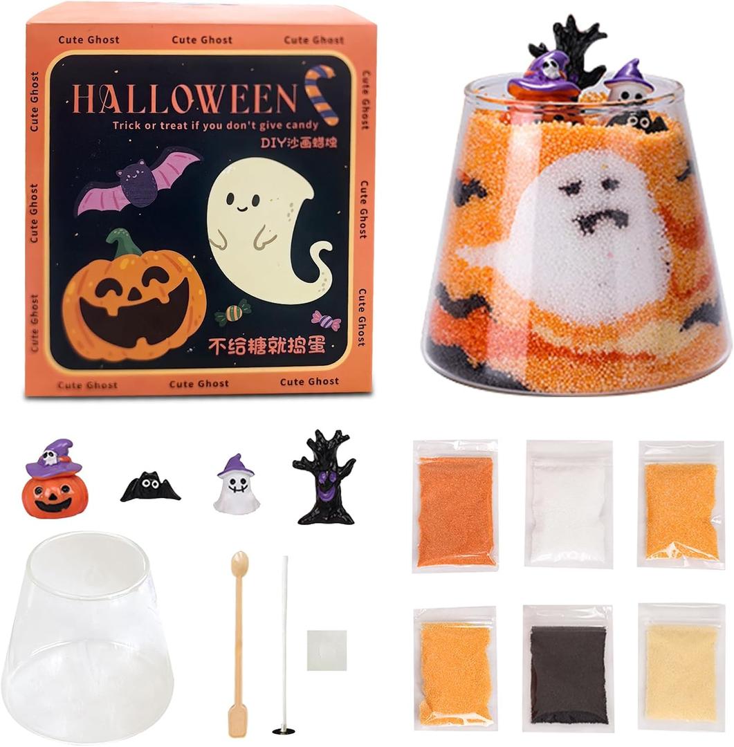 SixLadybro Halloween Candle DIY Kit, Candle Making Suplies with Ornament, Colored Candle Pellets, Cotton Wick and Glass Jar (Orange)