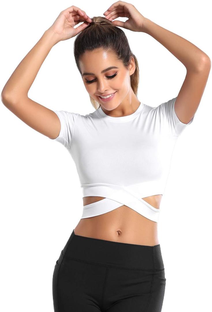 DREAM SLIM Short Sleeve Crop Tops for Women Tummy Cross Fitted Yoga Running Shirts Gym Workout Cropped Tank Tops (White, XS)
