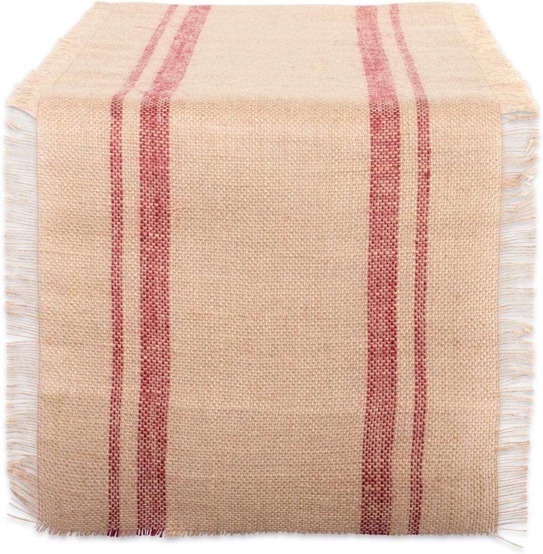 DII Jute Burlap Collection Kitchen Tabletop, Table Runner, 14x108, Double Border Barn Red