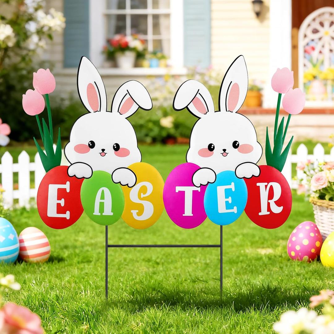 27.1inch Easter Larger Bunny Sign Yard Decoration Metal Easter Bunny Garden Stakes Waterproof,Resistant&Non Fading Yard Signs with Eggs & Flowers for Spring Yard Porch Lawn Backyard Decorations