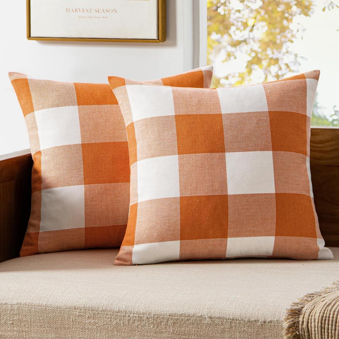 MIULEE Fall Throw Pillow Covers Pack of 2 Decorative Classic Farmhouse Buffalo Check Plaid Linen Soft Soild Pillow Case Orange Cushion Case for Halloween Sofa Bedroom Outdoor 18 x 18 Inch (Orange and White)