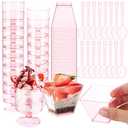 Funnymoom 100 Pack 2oz Mini Dessert Cups with Spoons Small Clear Plastic Dessert Parfait Cup Square Appetizer Pudding Cups Round Goblet Shooters for Pudding Fruit Yogurt Ice Cream Mousse (Pink)