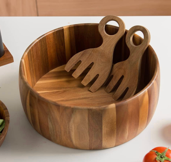 SullyHÔME 12" Acacia Wood Salad Bowl with Serving Spoons