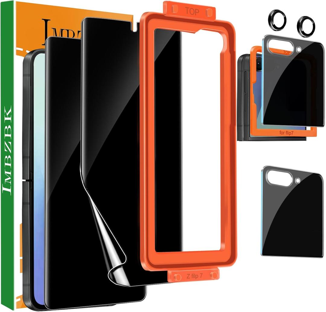 IMBZBK [Auto Installation] 2 Pack Privacy Screen Protector for Samsung Galaxy Z Flip 7, 2 Inside AntiSpy Film + 2 Front Tempered Glass + 2 Camera Lens Protector Accessories