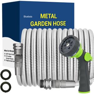 Stainless Steel Garden Hose - 25 FT Metal Water Hose with Solid Swivel Fittings, 8-Mode Spray Nozzle, Heavy Duty, Leak Proof, Puncture Resistant, No Kink for Gardening, Outdoor, Yard, Car