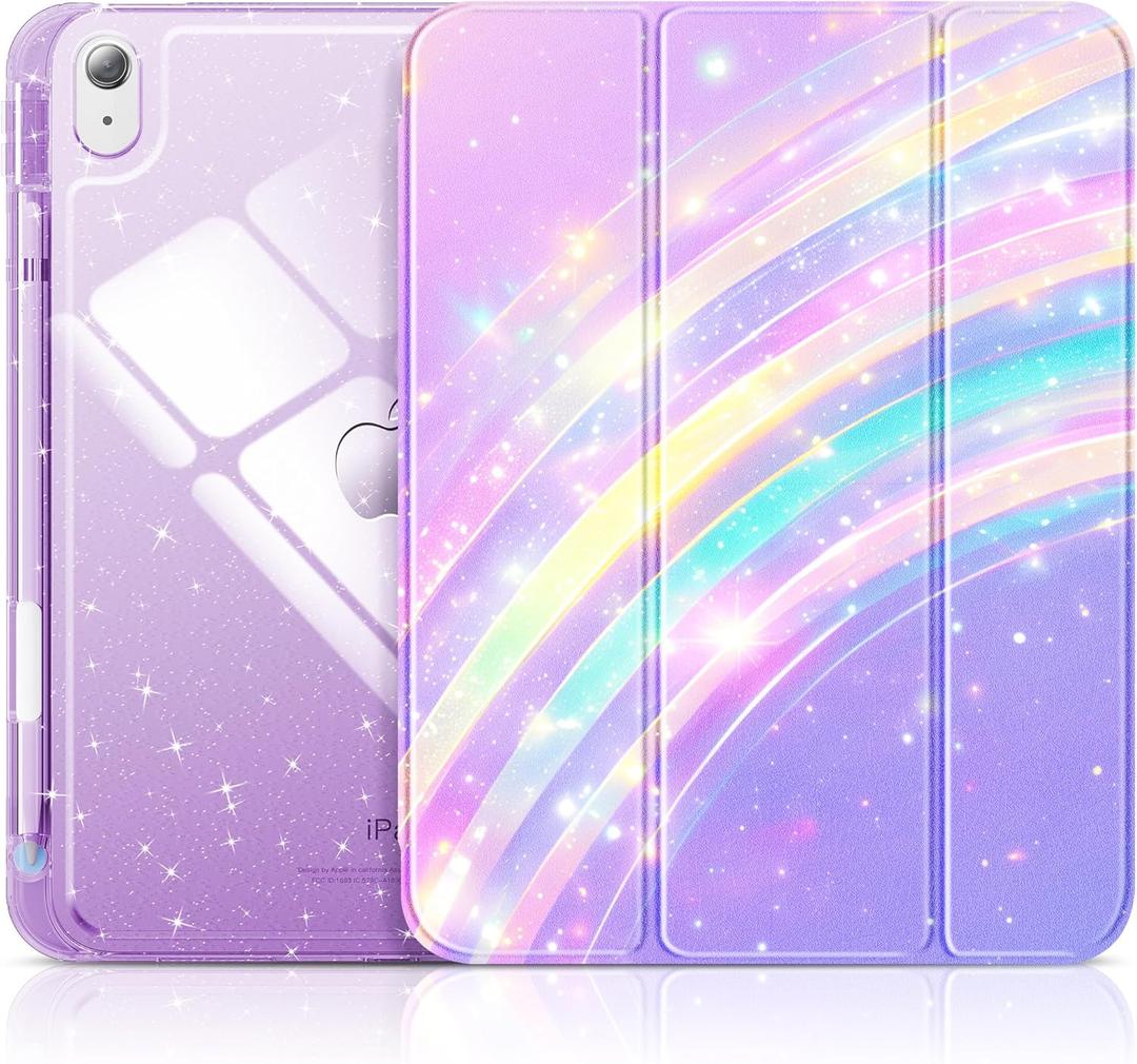 INFILAND Compatible with iPad A16 11th Generation 11 Inch 2025 Case, iPad Case 10th Generation 10.9 Inch, Glitter Cover with Sparkly Clear Back, Pencil Holder, for Kids Girls (Lilac Dream Arc)