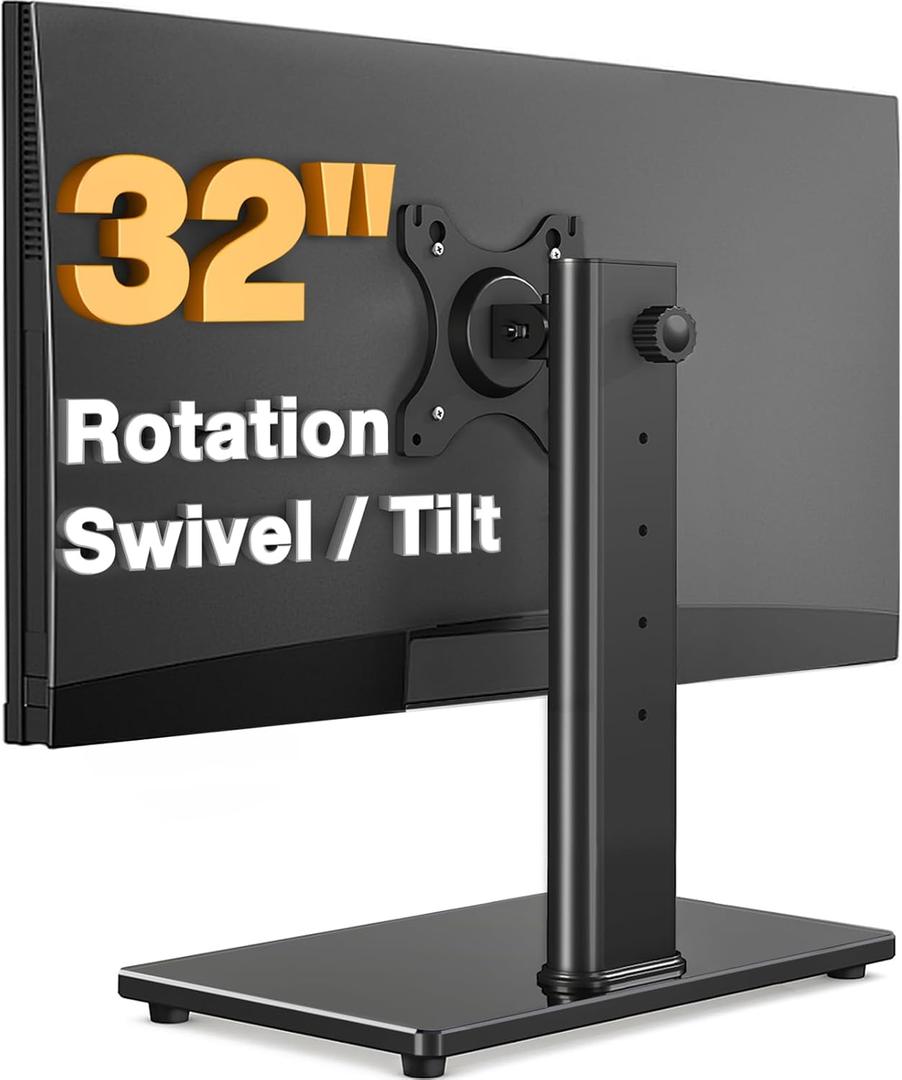 Single Monitor Stand VESA Mount for 13-32 Inch Screens, Free-Standing Monitor Riser with Swivel Tilt Rotation Height Adjustable, Universal Desk Stand up to 44lbs, VESA 75x75, 100x100mm (Black)