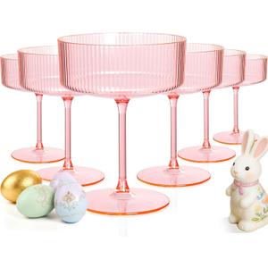 Ciaell 12PCS Plastic Ribbed Martini Glasses - 10 Oz Pink Disposable Coupe Glasses with Stem - Heavy Duty Margarita Cups for Bars, Cocktails, Whiskey, Parties & Wedding & Easter