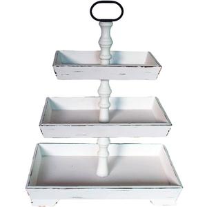 Large Rectangle Tiered Tray Stand 3 Tier Serving Tray Rustic Farmhouse Kitchen Decor with Metal Handle and Distressed Tiered Tray Stand Tiered Dessert Stand Cake Stand (White)