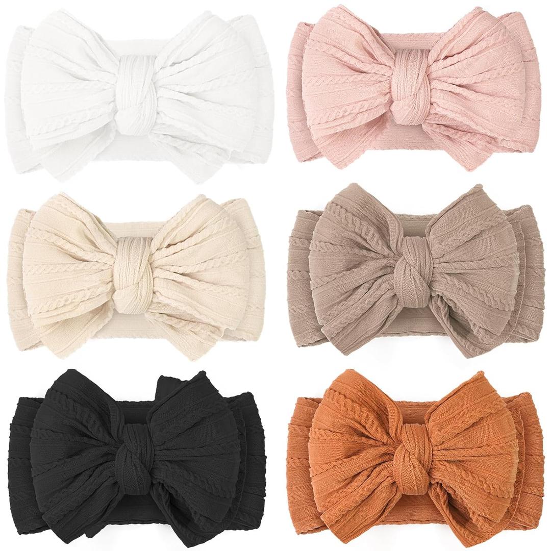 CLLOT Super Stretchy Soft Handmade Headbands with Double Bows Head Wrap Nylon Hair Accessories for Newborn Baby Girls Infant Toddlers Kids,Pack of 6 (Desert) (Khaki)